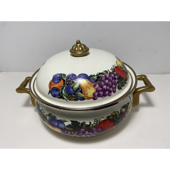 Vintage Lincoware Enamel Casserole Dish Cornucopia Fruit Brass Handles 8 inch - Picture 2 of 6